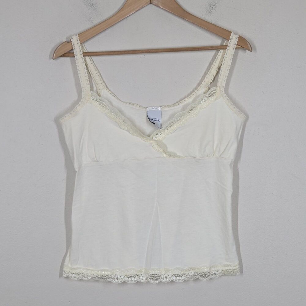 Vtg Y2K Old Navy Cream Lace Trim Babydoll Cami Tiny Fit L Fairy Prep Cottage